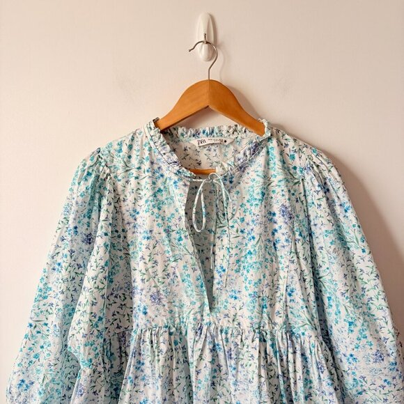 Zara Poplin Voluminous Floral Printed Mini Dress Blogger Favourite Blue Size XL - Picture 5 of 8